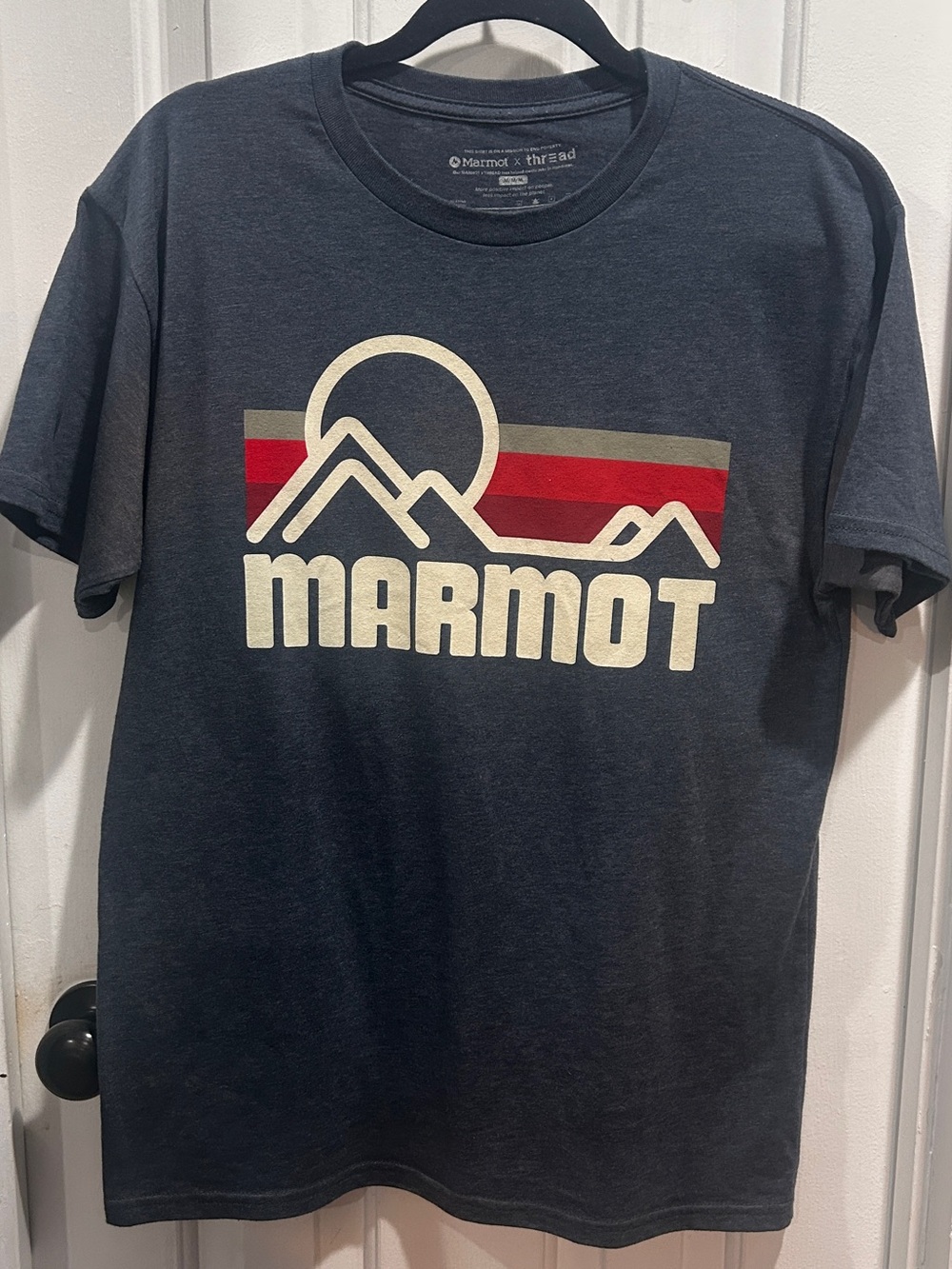 Marmot Men's Dark Blue Graphic Tee with Red and Cream Mountain Logo